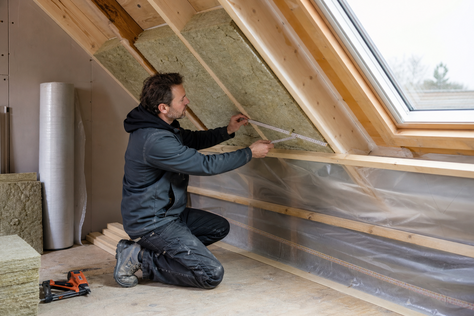 Een bewoner meet isolatiemateriaal tussen de houten balken van een schuin zolderdak