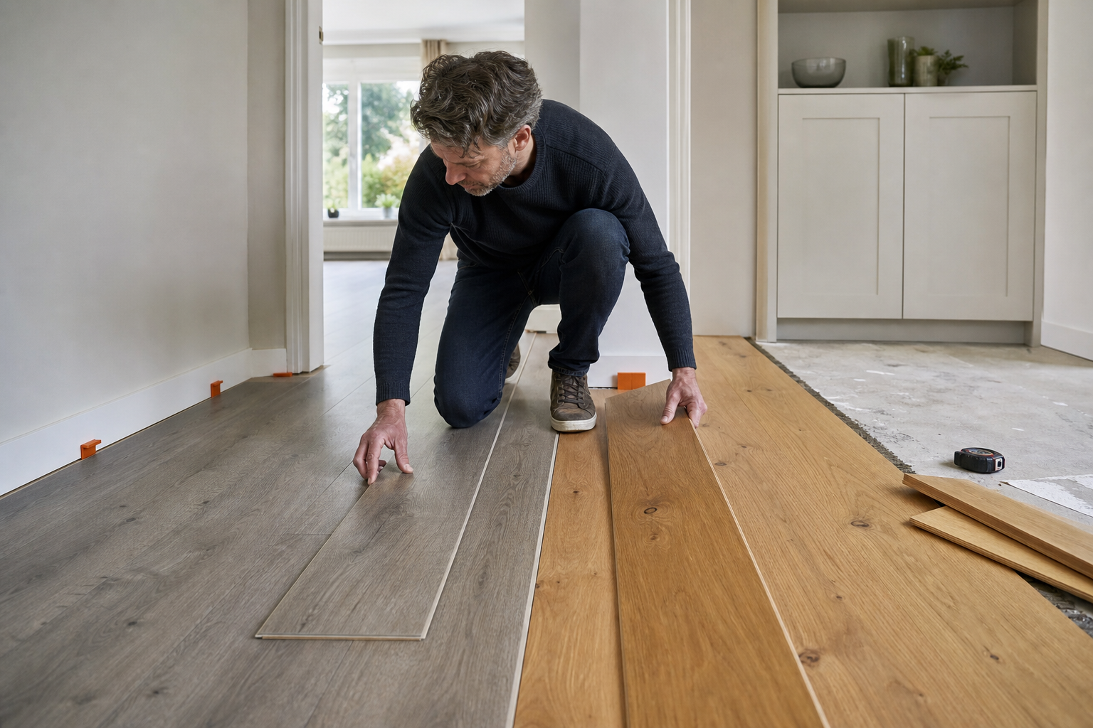 Een bewoner vergelijkt grijze pvc-planken met naturel houten vloerdelen in een lichte kamer