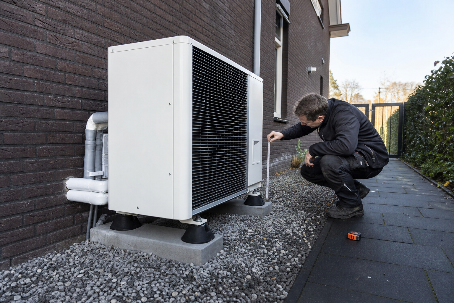 Een installateur meet de vrije ruimte rond een warmtepomp buitenunit op trillingsdempers